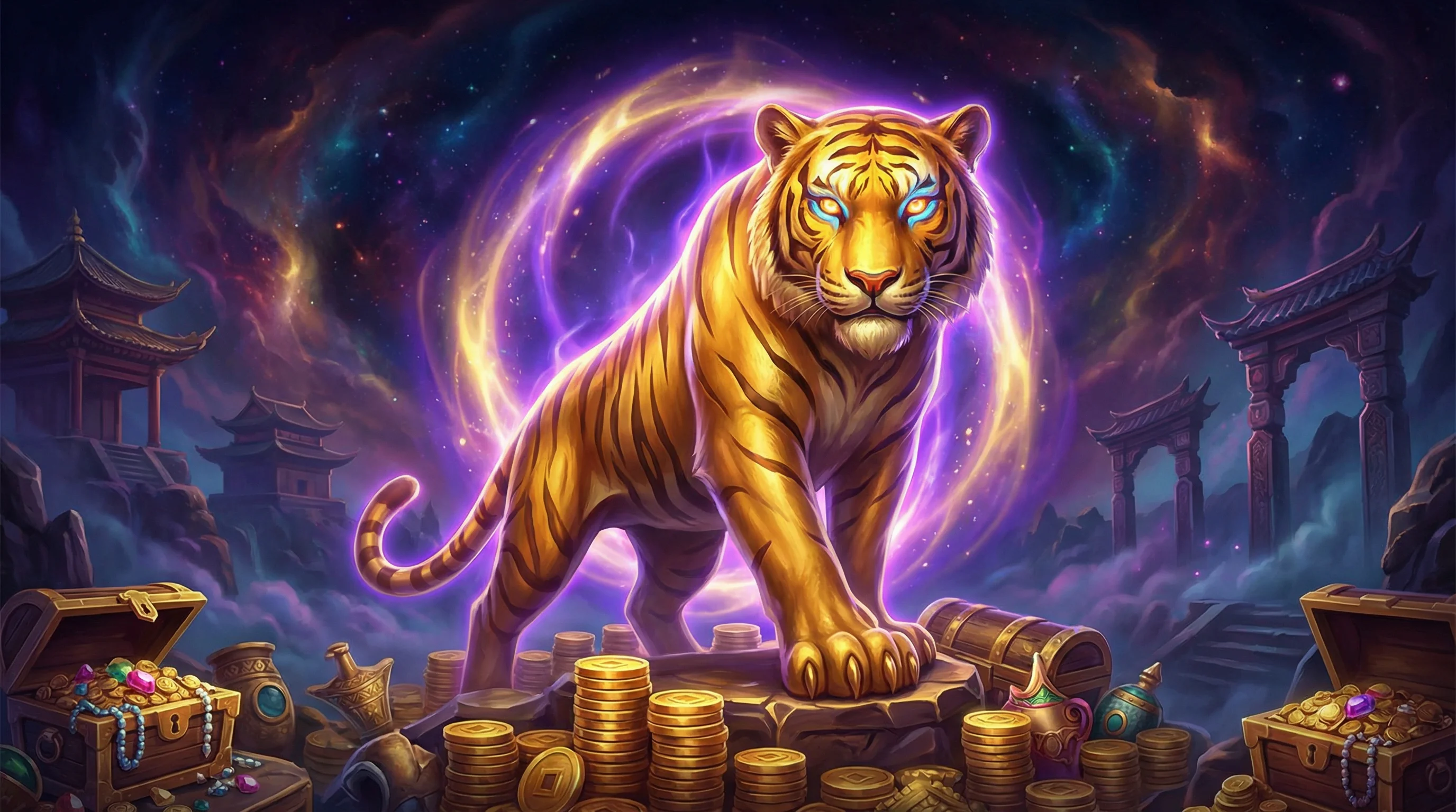 Tigre dourado místico cercado por moedas e tesouros